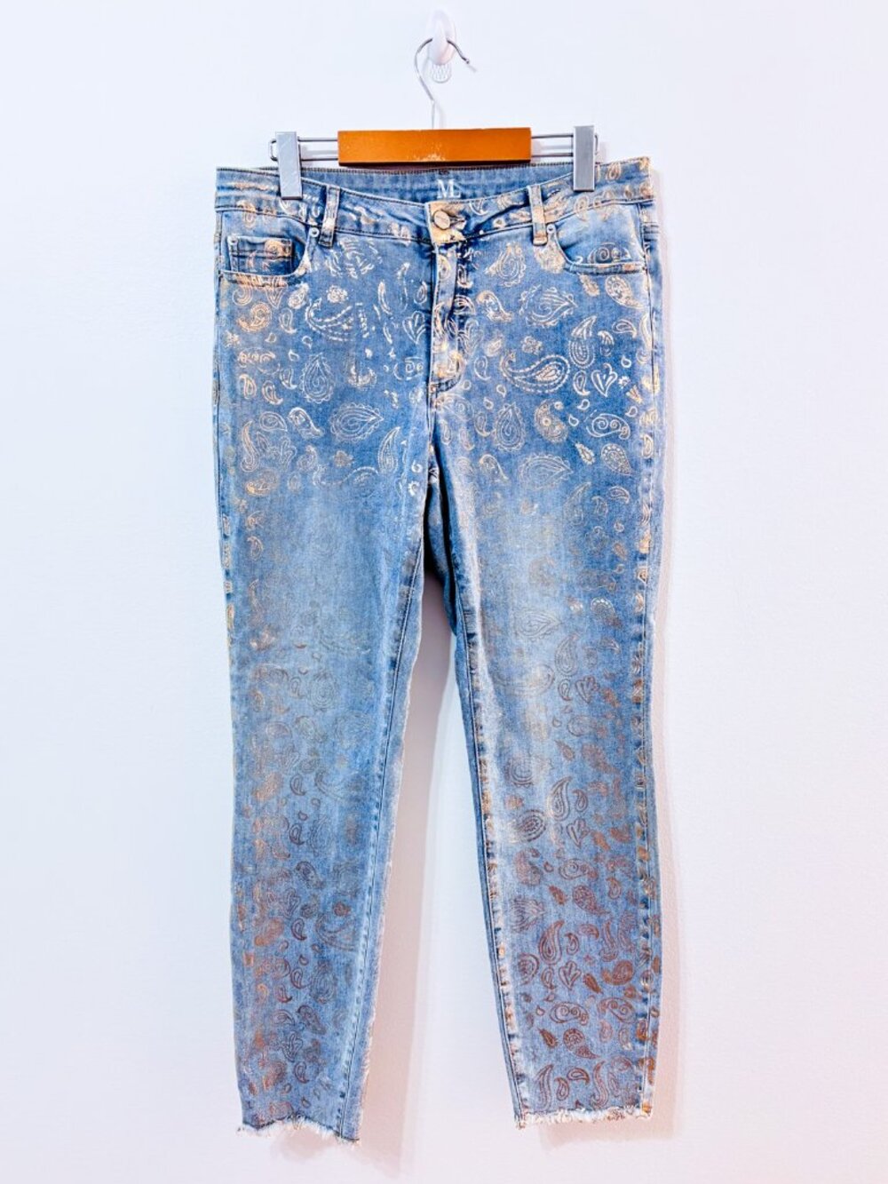 Melanie Lyne Blue Gold Paisley Metallic Statement Jeans Raw Hem | Size 12